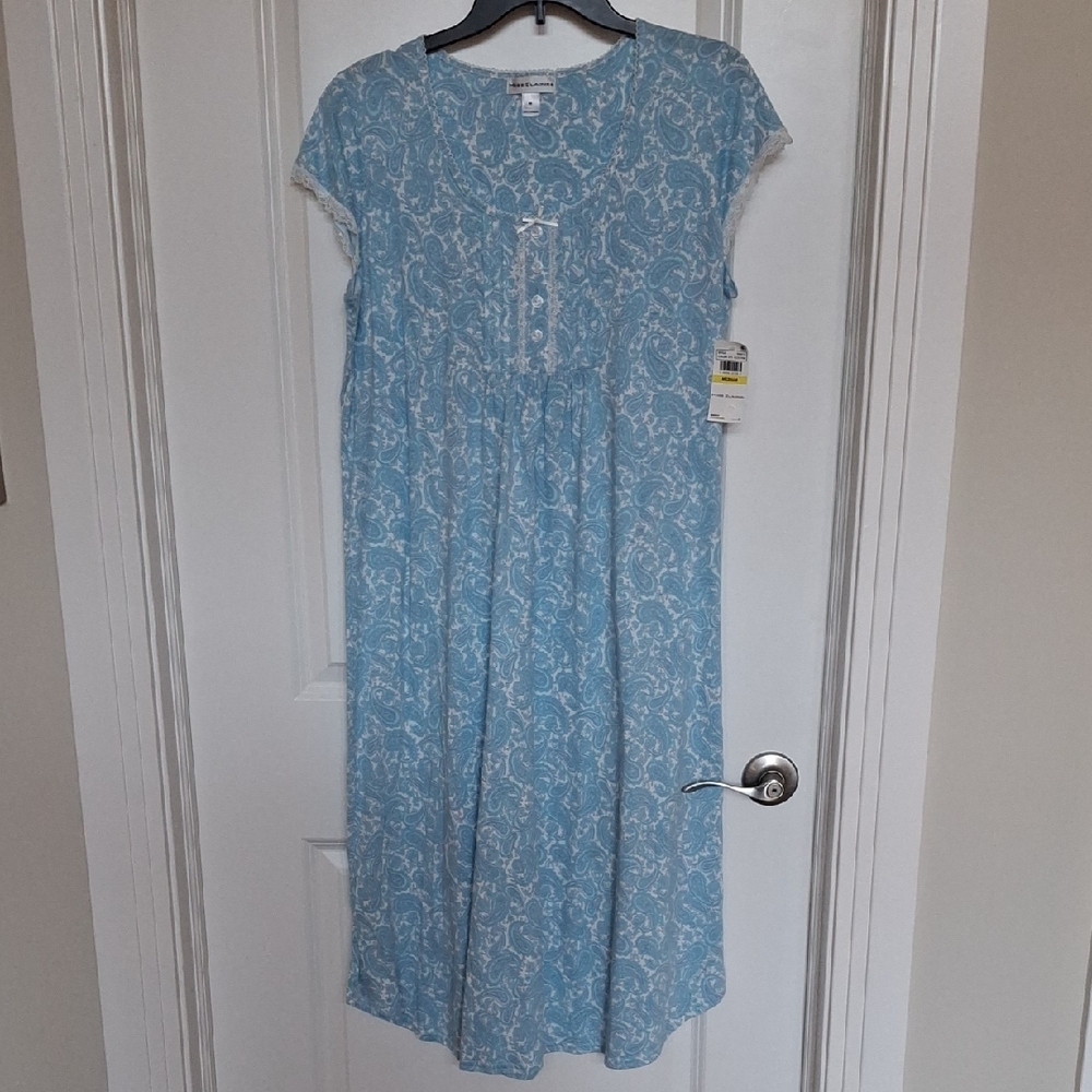 Miss Elaine Nightgown Size M Cotton Rayon NWT Paisley Light Blue White